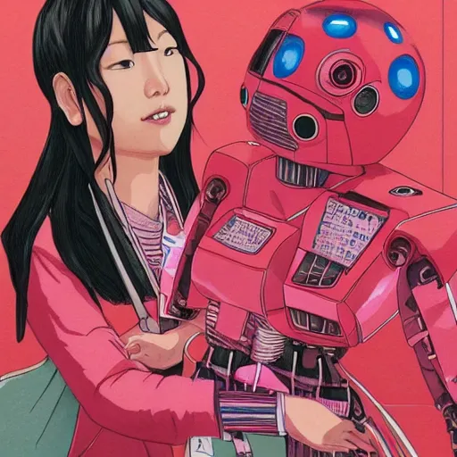 Prompt: a japanese woman battles pink robots, illustrated, detailed