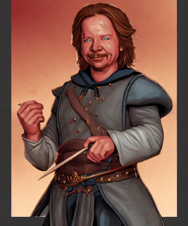 Image similar to a fantasy comic - style full portrait of a halfling maitre'd who looks like david spade, digital illustration by ken taylor and sana takeda and jenny frison, character design, concept art, fine inking lines, vivid colors, dnd, highly detailed!, hd, 4 k, trending on artstation