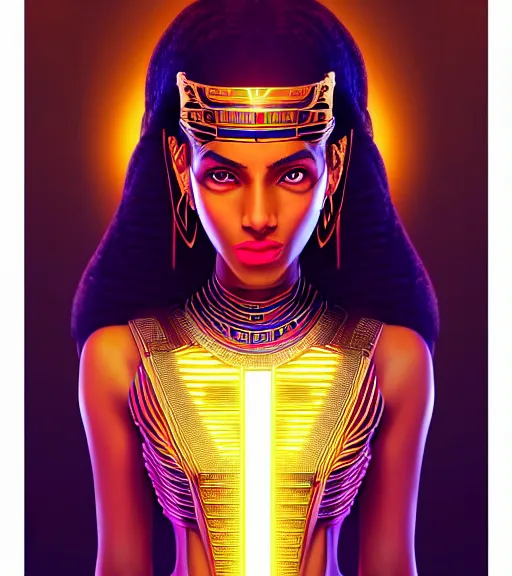 Image similar to symmetry!! egyptian princess of technology, solid cube of light, hard edges, product render retro - futuristic poster scifi, lasers and neon circuits, brown skin gorgeous egyptian princess, intricate, elegant, highly detailed, digital painting, artstation, concept art, smooth, sharp focus, illustration, dreamlike, art by artgerm