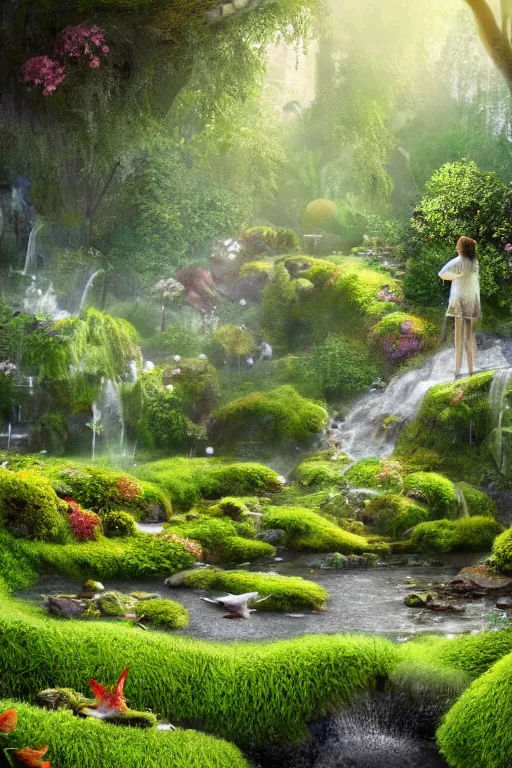 Prompt: hyper realistic detailed render of a heavenly garden of peace, eden filled with trees, stone slab, colourful flowers, moss, ferns, a girl meditating at a distance, small stream or puddles, birds, trending on artstation, volumetric lighting, hyper realistic, hyper detailed, high quality render, blender guru,