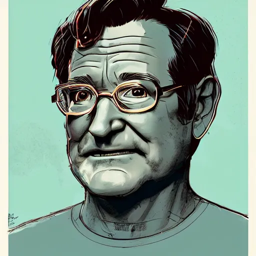 Image similar to a study of cell shaded portrait of Robin Williams concept art, llustration, post grunge, concept art by josan gonzales and wlop, by james jean, Victo ngai, David Rubín, Mike Mignola, Laurie Greasley, highly detailed, sharp focus, alien, Trending on Artstation, HQ, deviantart, art by artgem