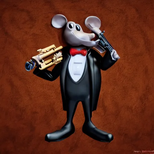 Image similar to 3d anthropomorphic rat, disney pixar, holding tommy gun, velvet, fur coat, high quality, golden necklace, fendi, high fashion