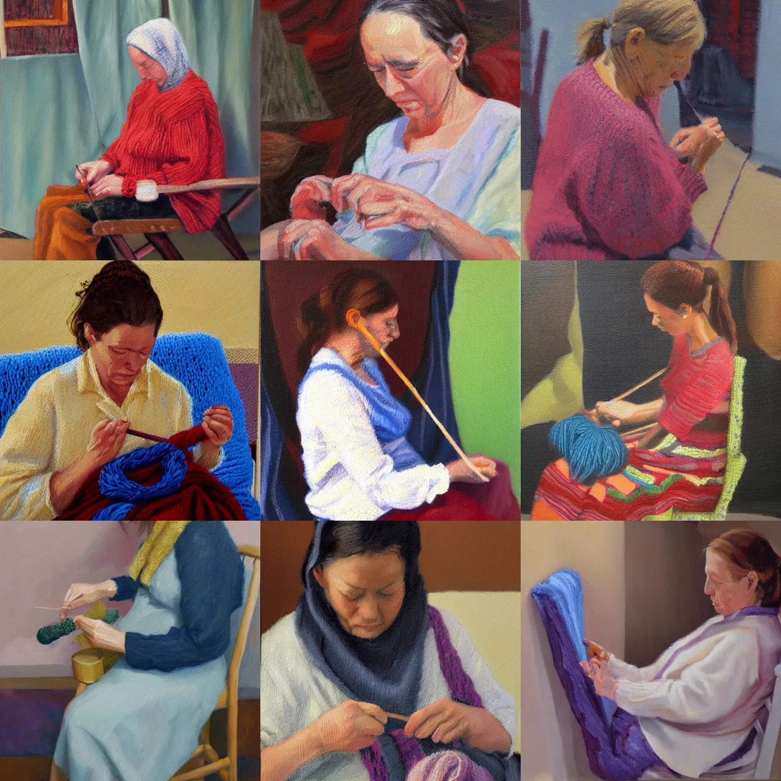 Prompt: woman knitting, oil painting