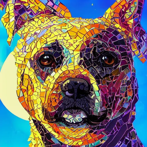 Prompt: mosaic portrait of a beautiful cute dog falling into the sun by Ross Tran, 4k, intricate details