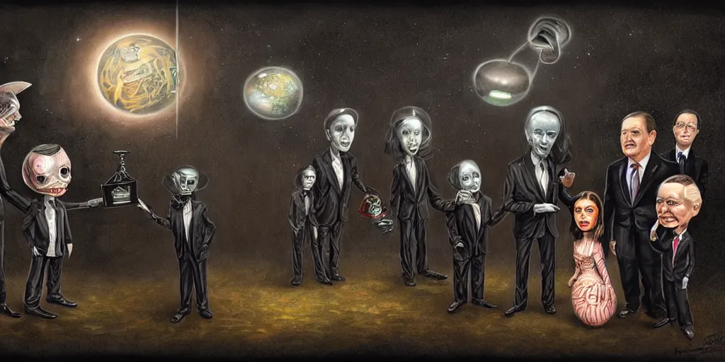 Image similar to aliens in black handing over artifacts and technology to a politician, inspired by mark ryden, concept art, digital art