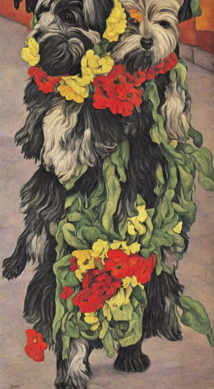 Prompt: one havanese dog, carrying flowers, mexico, painting # by diego rivera 1 9 3 5