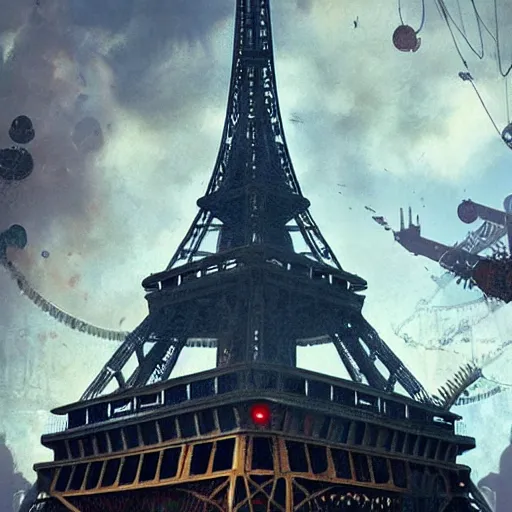 Image similar to a steampunk eiffel tower in heaven, steampunk dirty world, by wlop, greg rutkowski and beeple