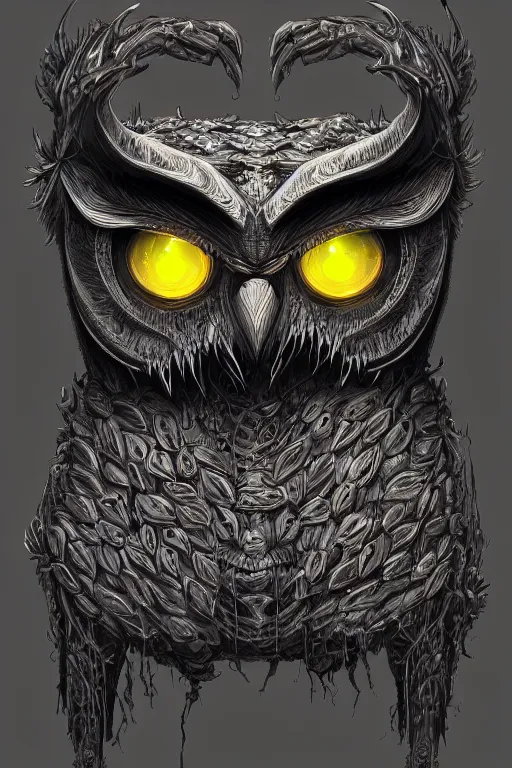 Image similar to humanoid figure owl faced monster, symmetrical, highly detailed, digital art, sharp focus, amber eyes, moss, trending on art station