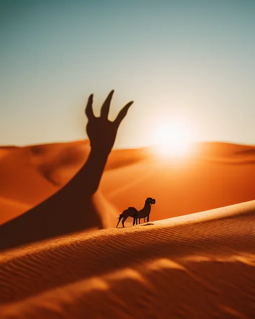 Prompt: photo of a giant human hand protruding from the sand in the sahara desert in the style of mano del desierto, a camel stands off in the distance, golden hour, bokeh