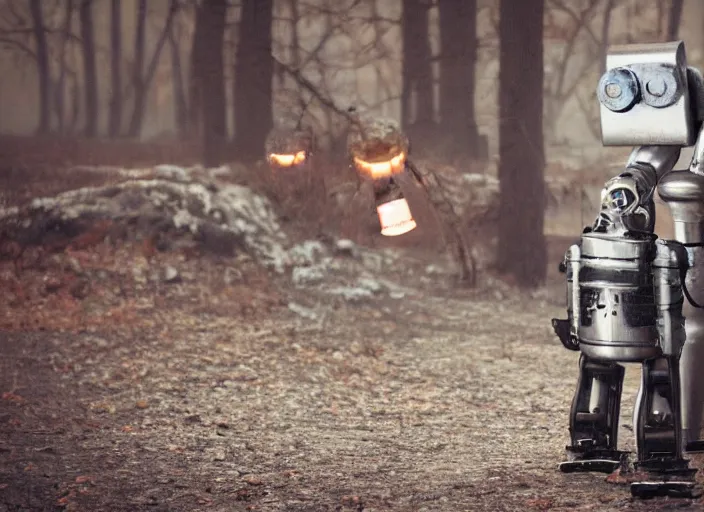 Image similar to a beautiful, cold metal robot that is kissing a cinematographer