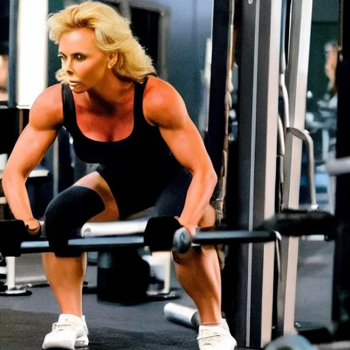 Image similar to first photos of 2 0 2 4 female pumping iron remake - muscular charlize theron as arnold, put on 1 0 0 pounds of muscle, looks different, steroids, hgh, ( eos 5 ds r, iso 1 0 0, f / 8, 1 / 1 2 5, 8 4 mm, postprocessed, crisp face, facial features )