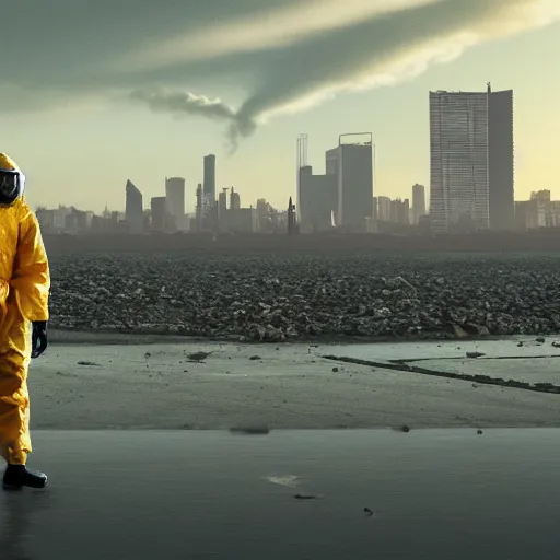 Image similar to a beautiful award-winning photo of the last man on Earth wearing a robotic hazmat suit, serene idyllic post-nuclear background, a mirage of the skyline of destroyed Buenos Aires, volumetric lighting, very high quality, extremely detailed, subtle visual noise, 8K