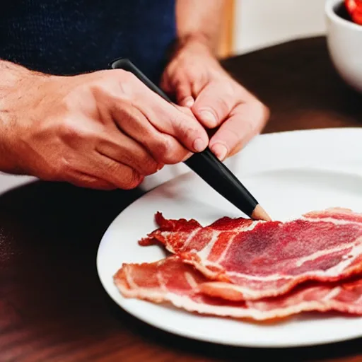 Image similar to pen drawing of a man salting a plate of bacon