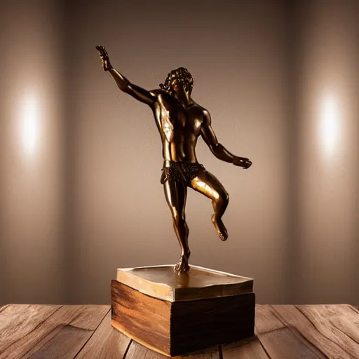 Image similar to bronze metallic statue of Poseidon rising above waves on a wooden desk, studio lighting