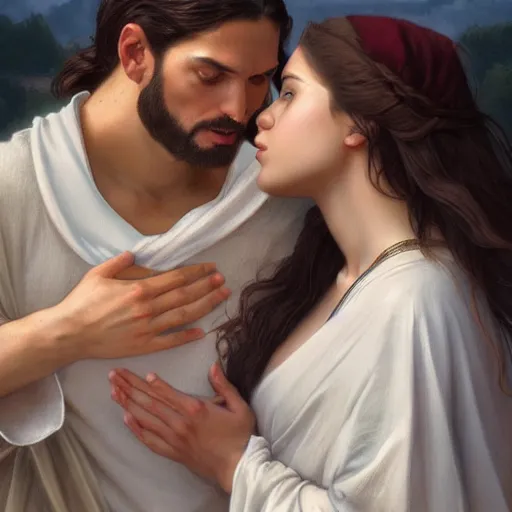 Image similar to jesus kissing a sensual woman in jerusalem, elegant, highly detailed, digital painting, artstation, concept art, matte, sharp focus, highly detailed, 4 k, hdr, smooth, sharp focus, high resolution, award - winning photo, photorealistic, art by artgerm and greg rutkowski and alphonse mucha, large shot