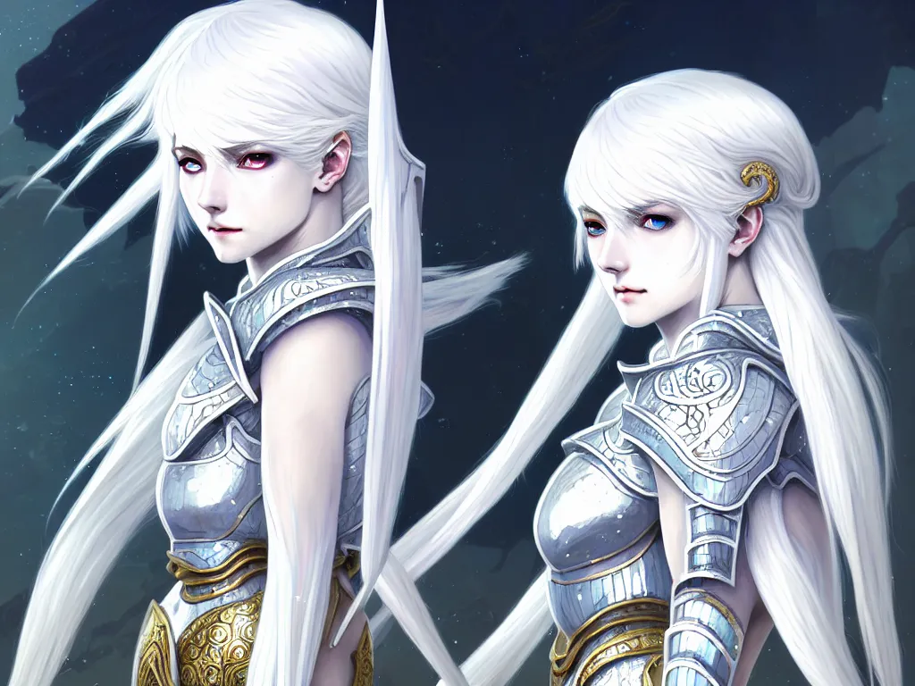 Image similar to portrait white hair knights of zodiac girl, matt white ice color armor, in ruined agora of athens sunrise, ssci - fi and fantasy, intricate and very beautiful and elegant, highly detailed, digital painting, artstation, concept art, smooth and sharp focus, illustration, art by ayanamikodon and tian zi and alphonse mucha and wlop