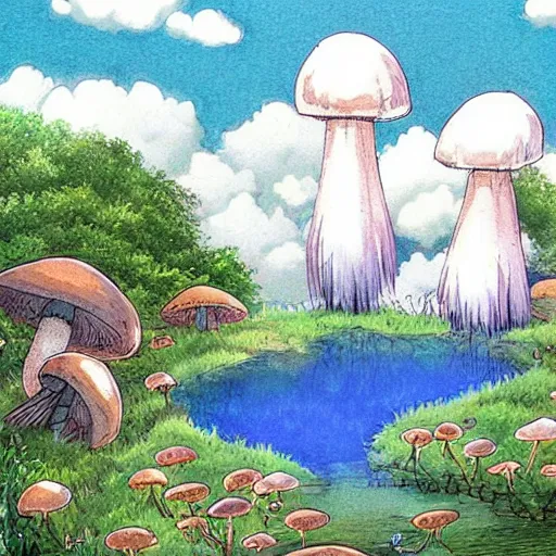 Image similar to a beautiful lake with cute little mushrooms growing around it, fantasy art, 2 d, by studio ghibli