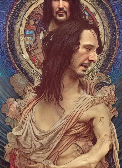 Image similar to Keanu Reeves as God of Beauty, brutal, fantasy, intricate, elegant, highly detailed, digital painting, 4k, HDR, concept art, smooth, sharp focus, illustration, art by alphonse mucha,artgerm, H R Giger