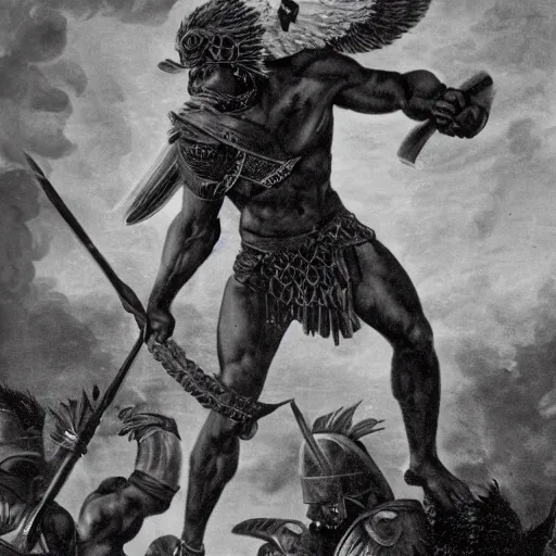 Prompt: african american spartan warrior with eagle wings throwing a lightning bolt at army of minotaur's
