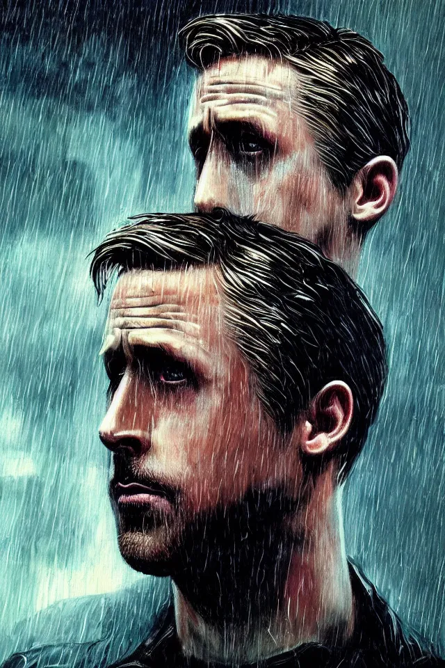 Image similar to Ryan Gosling As The Punisher, skull face makeup, head and shoulders portrait, stormy weather, extremely detailed masterpiece, oil on canvas, low-key neon lighting, artstation, Blade Runner 2049, Roger Deakin’s cinematography, by J. C. Leyendecker and Peter Paul Rubens and Edward Hopper and Michael Sowa