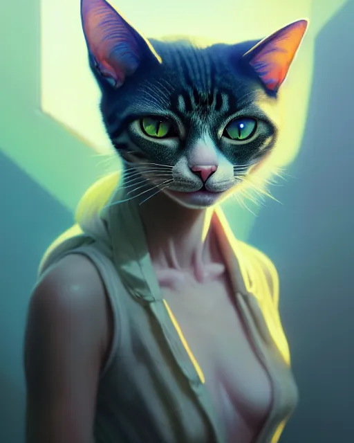 Image similar to portrait of humanoid cat, highly detailed vfx portrait, unreal engine, greg rutkowski, loish, rhads, beeple, makoto shinkai and lois van baarle, ilya kuvshinov, rossdraws, tom bagshaw, alphonse mucha, global illumination, detailed and intricate environment