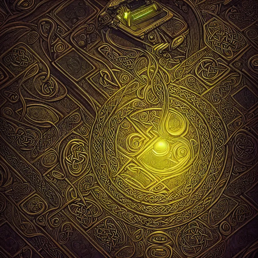 Prompt: texture with celtic neon retrowave decorative pattern, artstation, illustration, highly detailed, art by artgerm and greg rutkowski, symmetrical, dark art, old vhs tape