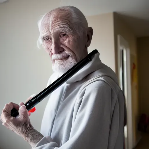 Image similar to elderly man with lightsaber, nursing home, canon eos r 3, f / 1. 4, iso 2 0 0, 1 / 1 6 0 s, 8 k, raw, unedited, symmetrical balance, wide angle