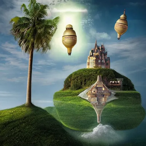 Prompt: a castle surrounded by giant palm trees on a giant floating island in the sky, giant light realistic light bulb glowing in the sky, cinematic, digital art by erik johansson, 8 k resolution, hyper detailed, sharp focus