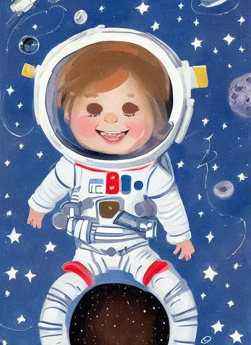 Image similar to a cute little girl with a round cherubic face, blue eyes, and short wavy light brown hair smiles as she floats in space with stars all around her. she is an astronaut, wearing a space suit. beautiful painting with highly detailed face by quentin blake and greg rutkowski