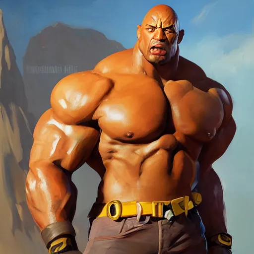 Image similar to greg manchess portrait painting of fierce foundation aka dwayne the rock from fortnite as overwatch character, medium shot, asymmetrical, profile picture, organic painting, sunny day, matte painting, bold shapes, hard edges, street art, trending on artstation, by huang guangjian, gil elvgren, ruan jia, greg rutkowski, gaston bussiere