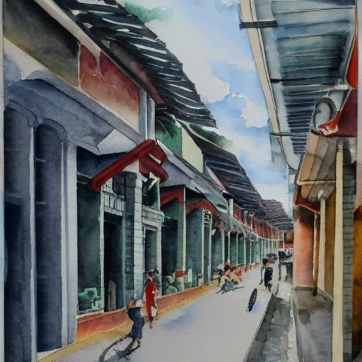 Image similar to singapore katong shophouses street scene, highly detailed, contemporary watercolor, smooth, by joseph zbikowicz, 8 k