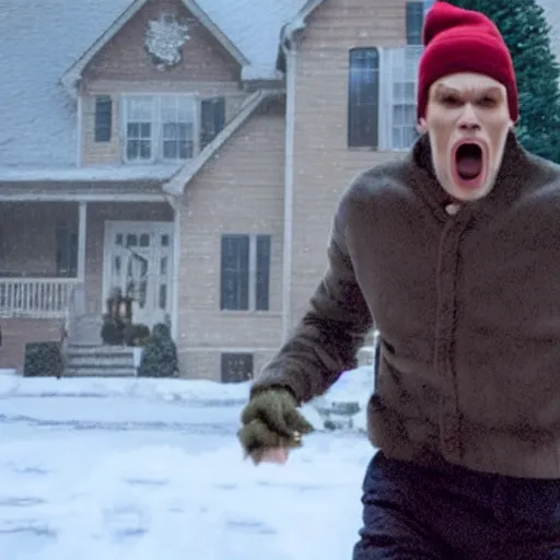 Image similar to Live Action Still of Jerma in Home Alone, real life, hyperrealistic, ultra realistic, realistic, highly detailed, epic, HD quality, 8k resolution, body and headshot, film still