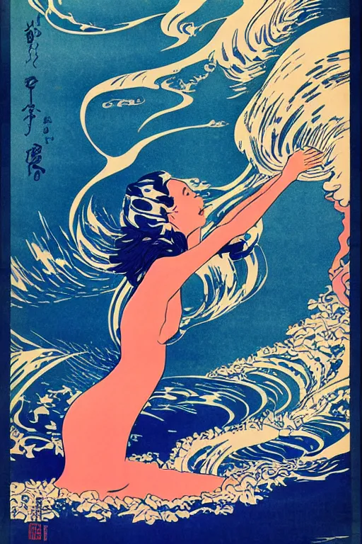 Prompt: Beautiful vintage Japanese poster woman with water as hair flowing down a river, 10% surreal, risograph poster, beautiful colors, deep meaning, Intricate image, moving