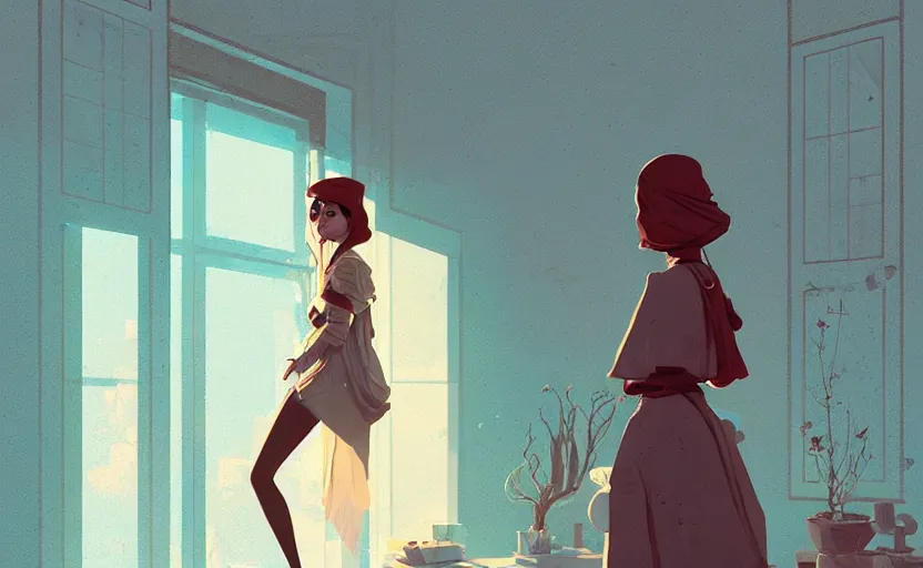 Image similar to female ottoman princess standing near the window by atey ghailan, by greg rutkowski, by simon stalenhag, by greg tocchini, by james gilleard, by joe fenton, by kaethe butcher dynamic lighting, gradient light blue, brown, blonde cream and white color scheme, grunge aesthetic