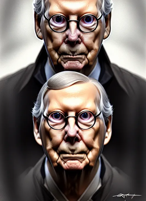 Image similar to concept art by artgerm, amazingly beautiful portrait of a hyper realistic, frowning, sad mitch mcconnell as a turtle by greg rutkowski, artgerm, alphonse mucha, concept art, octane render, highly detailed, high quality, 8 k, soft lighting, path traced, and uang guangjian and gil elvgren, symmetry!!
