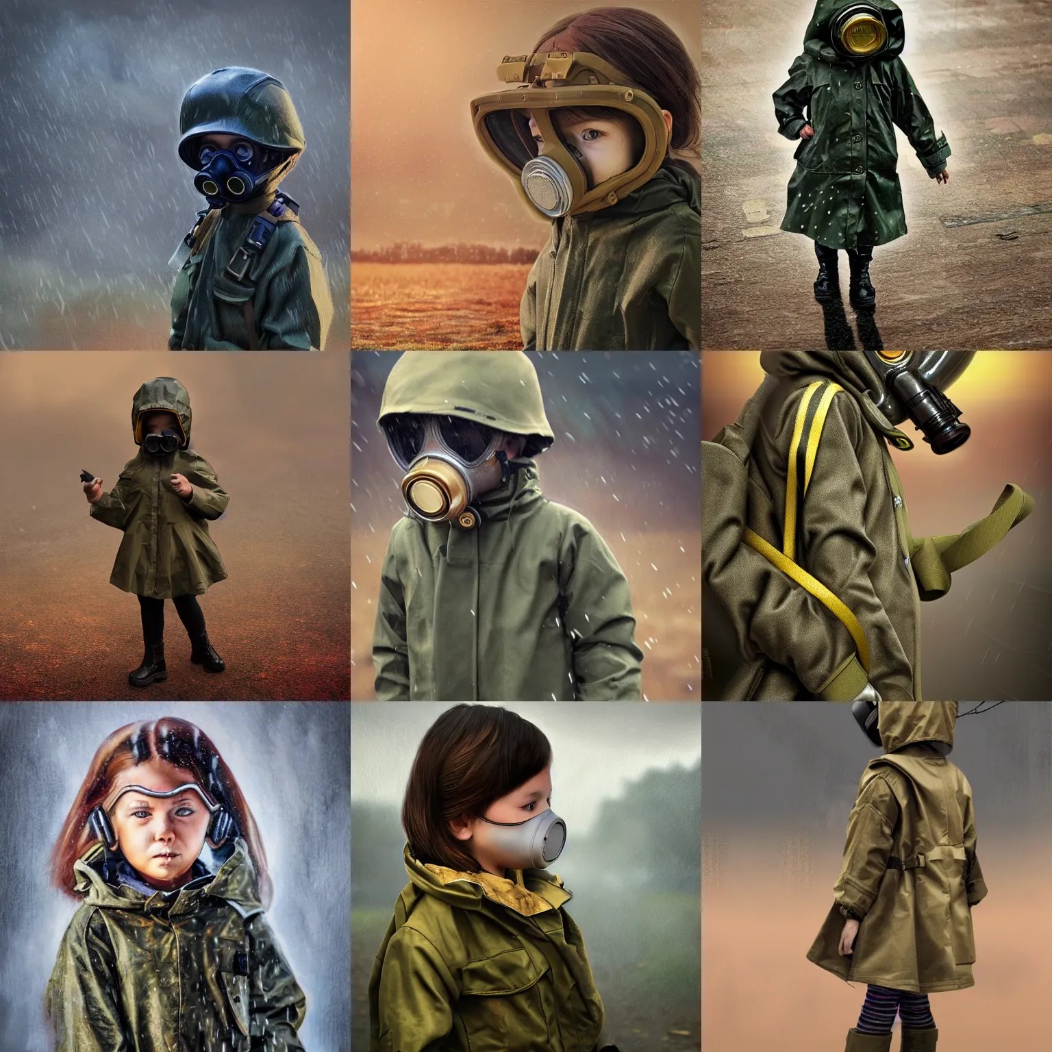 Prompt: detailing photo realistic concept art of child girl wearing army gas mask and rain coat, golden hour