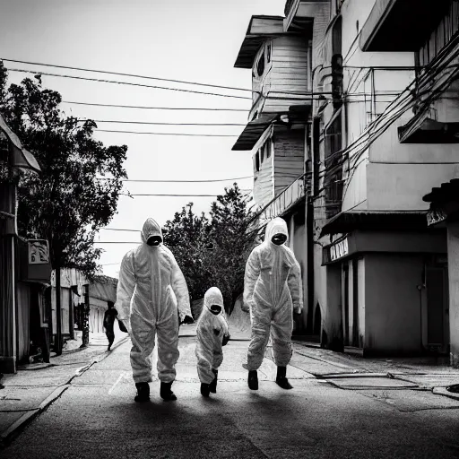 Image similar to a family wearing a hazmat suits on a post-war era street, walking away from the camera, dark smoke in the background, filthy streets, broken cars. Vines growing. Jpeg artifacts. Award-winning photo. Samyang/Rokinon Xeen 50mm T1.5