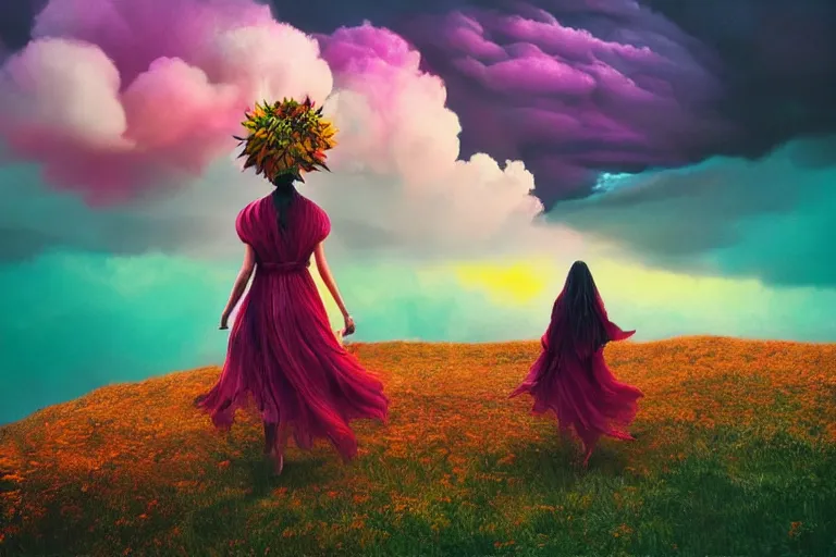 Image similar to giant dahlia flower crown under head, girl walking on mountain, surreal photography, colorful storm clouds, dramatic sunset, impressionist painting, digital painting, artstation, simon stalenhag