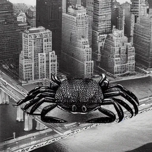 Image similar to A gigantic, huge crab, destroying New York City, photograph, found footage