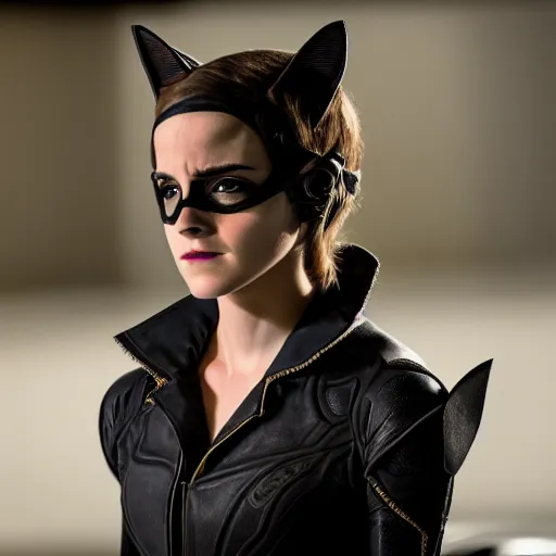 Image similar to Emma Watson as Catwoman, XF IQ4, f/1.4, ISO 200, 1/160s, UHD, Sense of Depth, AI enhanced, HDR, in-frame