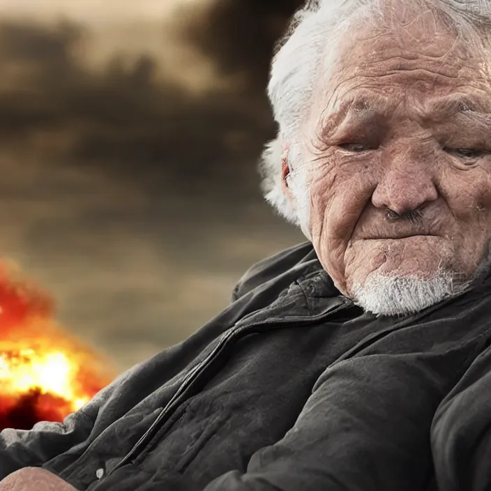 Image similar to cinematic movie close up shot, background blur bokeh, old man sitting with black cat watching nuke explosion close up!, world ending nuke, 4 k