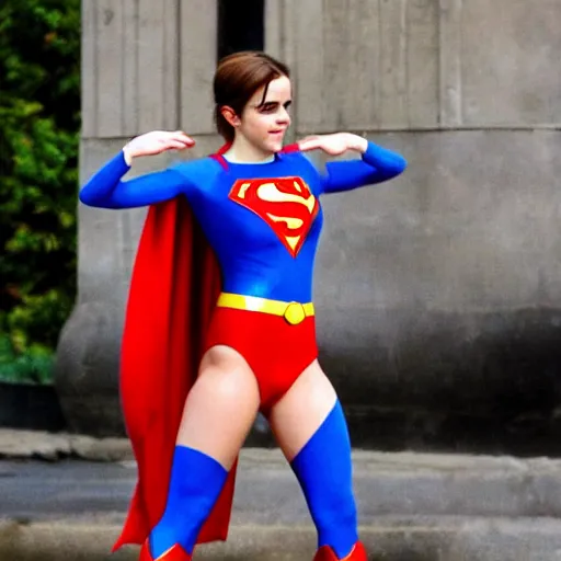 Image similar to emma watson in a superman costume doing a split