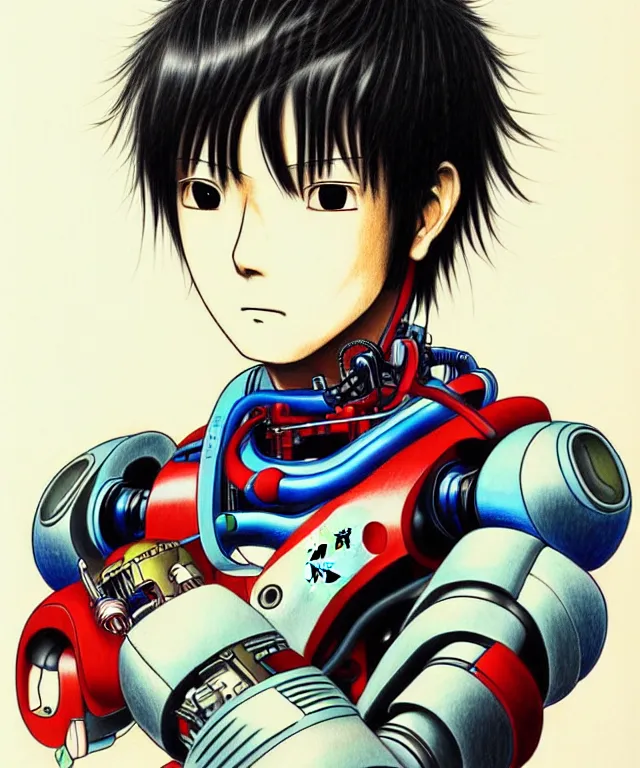 Image similar to a highly detailed full - color drawing by otomo katsuhiro, portrait of a handsome young japanese man with a cybernetic arm, pixiv, manga, anime, google top result, artstation frontpage