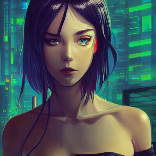 Image similar to A comic potrait of a cyberpunk cyborg girl with big and cute eyes, fine-face, realistic shaded perfect face, fine details. Night setting. Very anime style. Realistic shaded lighting poster by Ilya Kuvshinov katsuhiro, magali villeneuve, artgerm, Jeremy Lipkin and Michael Garmash, Rob Rey and Kentarõ Miura style, trending on art station