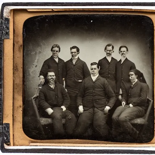 Prompt: a tintype photo of the crew of an 1800's whaling ship