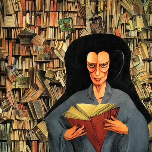 Image similar to the philosopher woman recludes from the world surrounded by a pile of books, art by dave mckean and leonora carrington