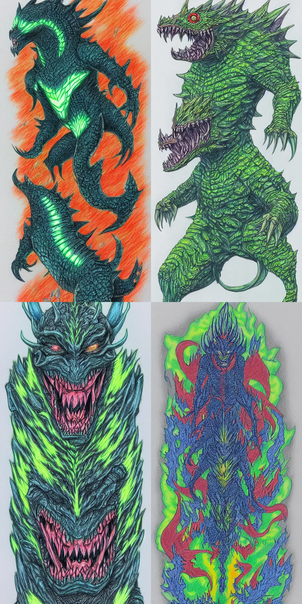 Image similar to a kaiju figurine super detailed colored pencil drawing with fluo colors