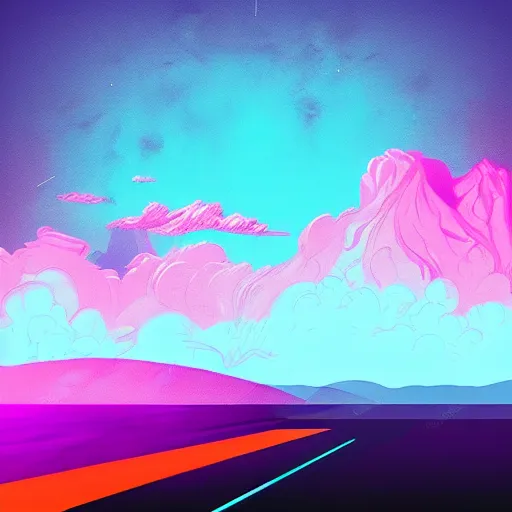 Prompt: Retrowave landscape, synthwave music, digital painting, vivid, album cover, artstation