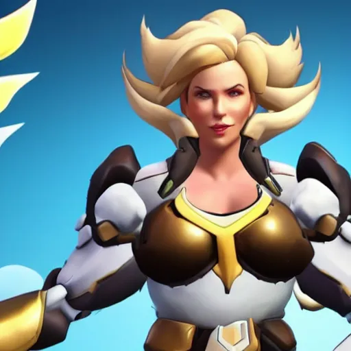 Image similar to a screenshot of arnold schwarzenegger as mercy in overwatch, full body shot