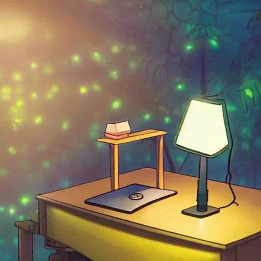 Prompt: A small desk with desklamp in the middle of a forest, floating lights, magical, byStudio Ghibli